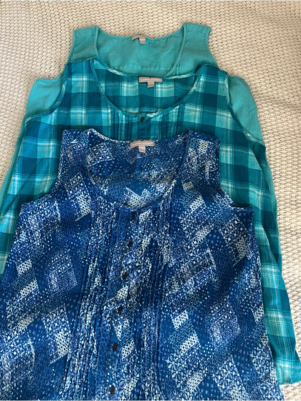 Lot of 3 Blue/Turquoise Sleeveless Tank Tops Mixed Prints 2X Summer Vacay Casual